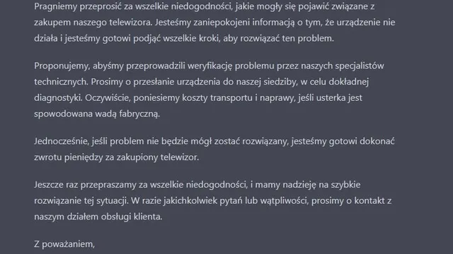 Pomoc w obsłudze klienta. Przykład odpowiedzi na reklamację - ChatGPT