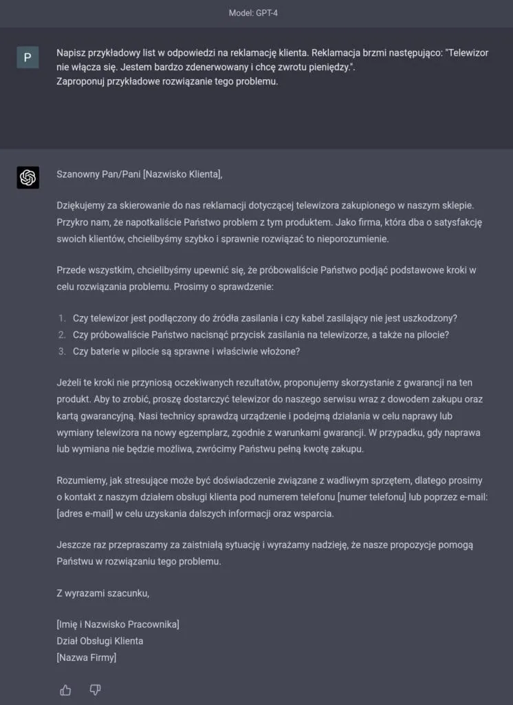 Odpowiedź ChatGPT na modelu GPT-4 — gotowy list do klienta reklamującego niedziałający telewizor