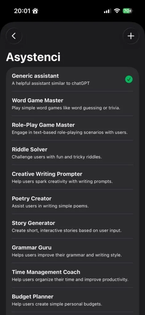Lista asystentów w Enclave AI z zaznaczonym Generic assistant