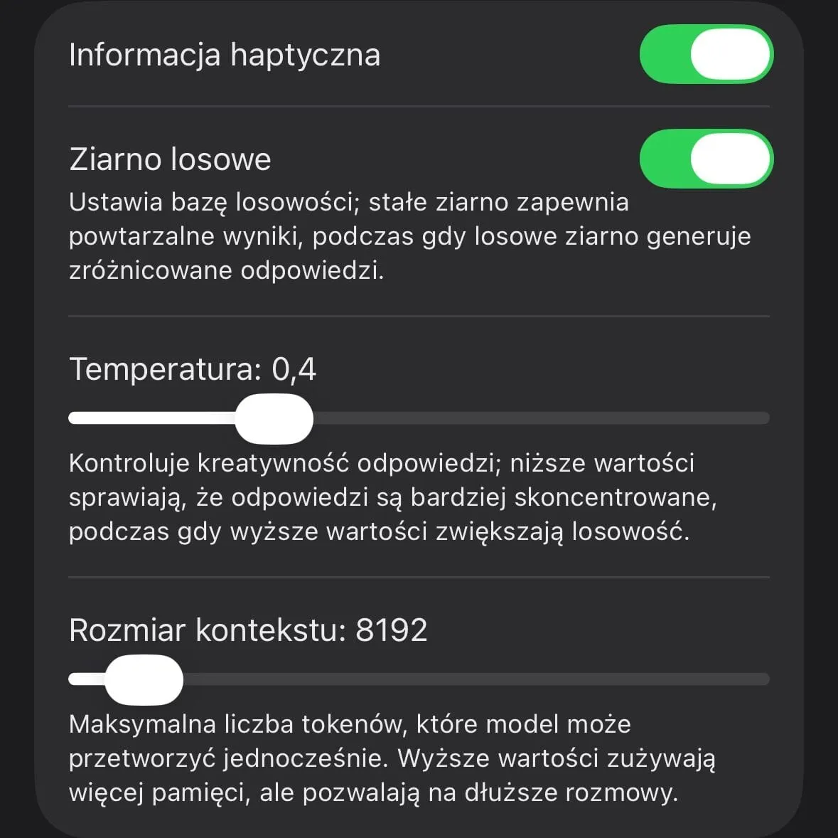 Ustawienia odpowiedzi w Enclave AI — temperatura 0,4 i rozmiar kontekstu 8192 tokeny