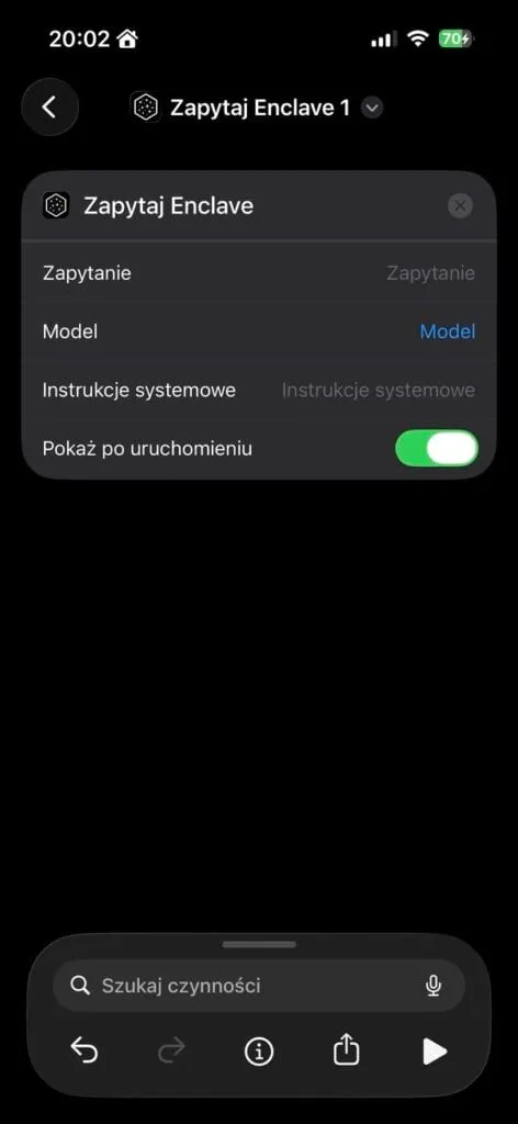 Akcja „Zapytaj Enclave” w aplikacji Skróty iOS z polami zapytania, modelu i instrukcji systemowych