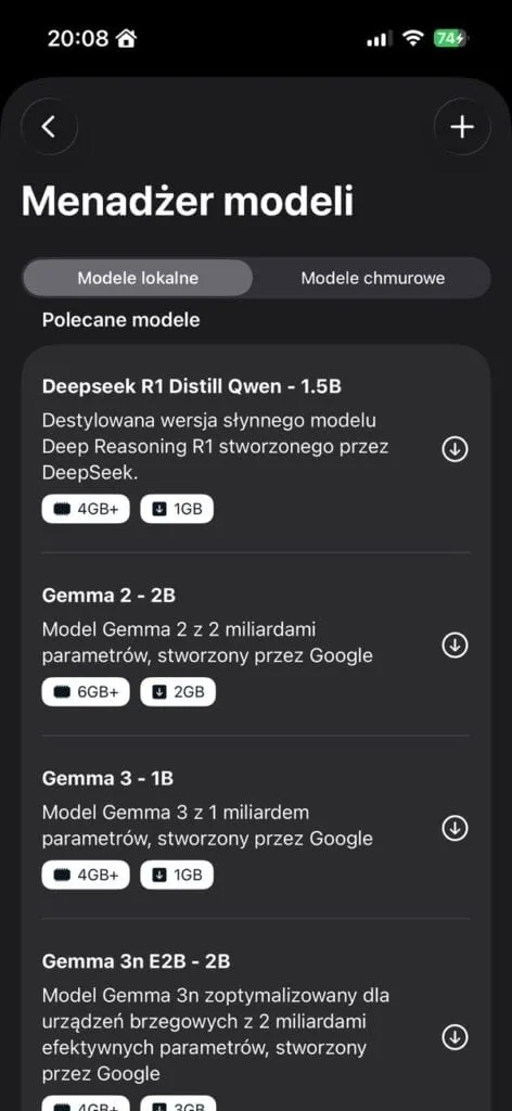 Menadżer modeli w Enclave AI z modelami lokalnymi — Deepseek R1 Distill Qwen, Gemma 2 i Gemma 3