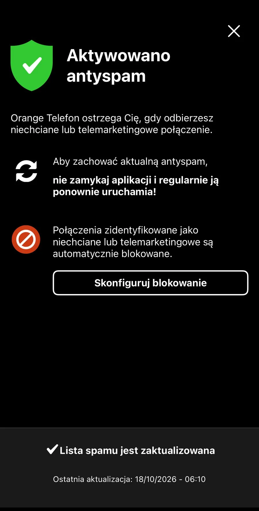 Ekran aplikacji Orange Telefon z komunikatem „Aktywowano antyspam” i informacją, że lista spamu jest zaktualizowana