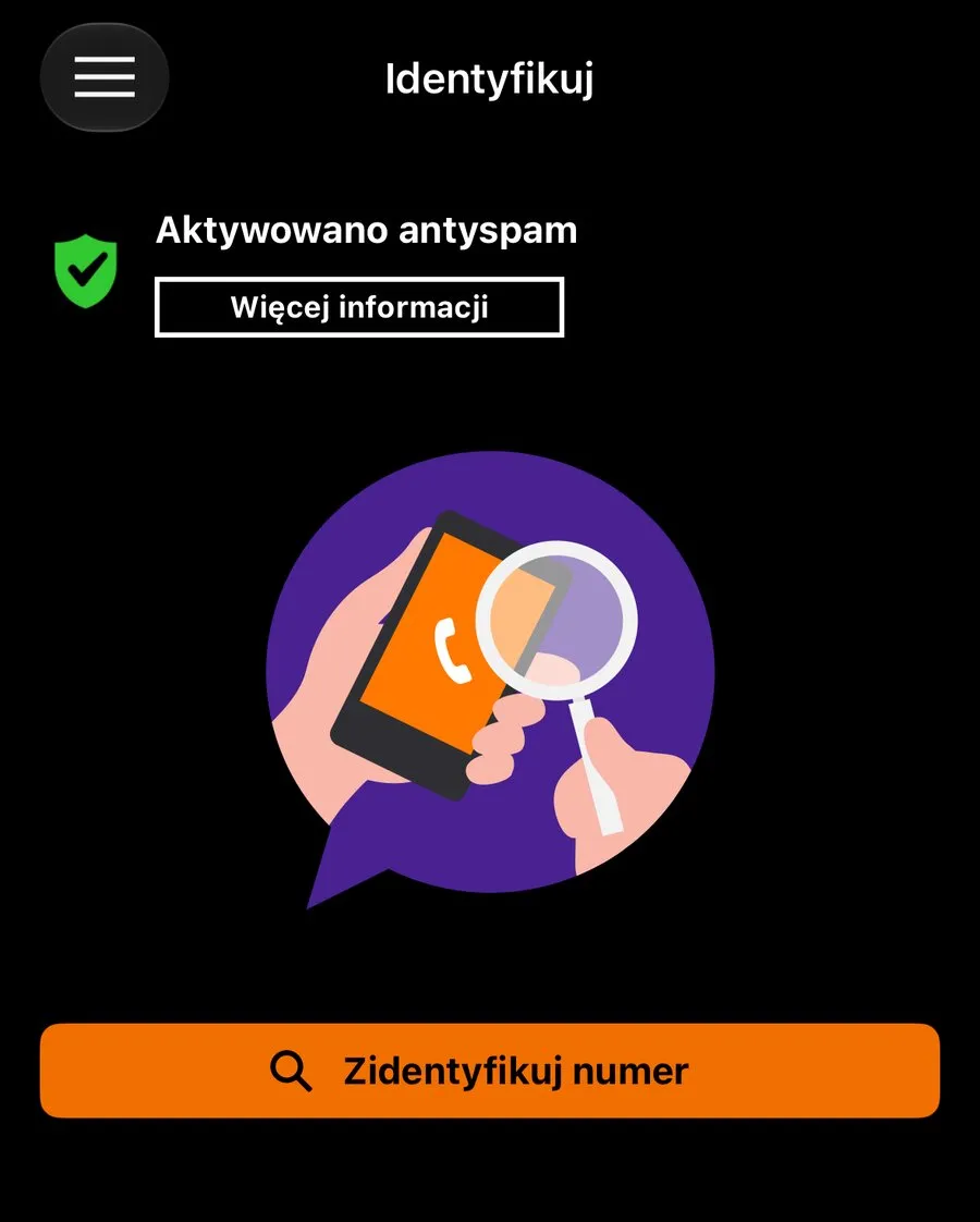 Ekran Identyfikuj w aplikacji Orange Telefon z zieloną tarczą antyspamu i przyciskiem Zidentyfikuj numer