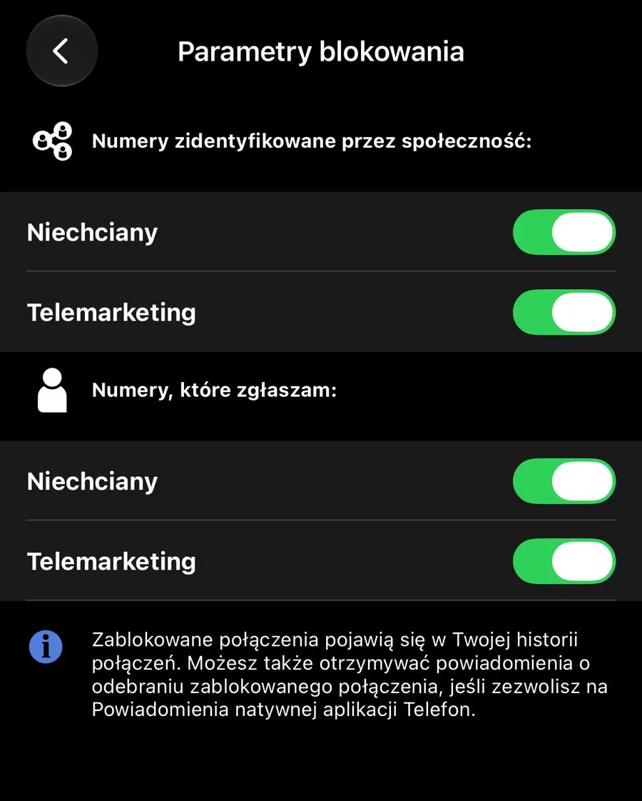Parametry blokowania w Orange Telefon z włączonymi przełącznikami Niechciany i Telemarketing dla numerów ze społeczności i zgłaszanych przeze mnie