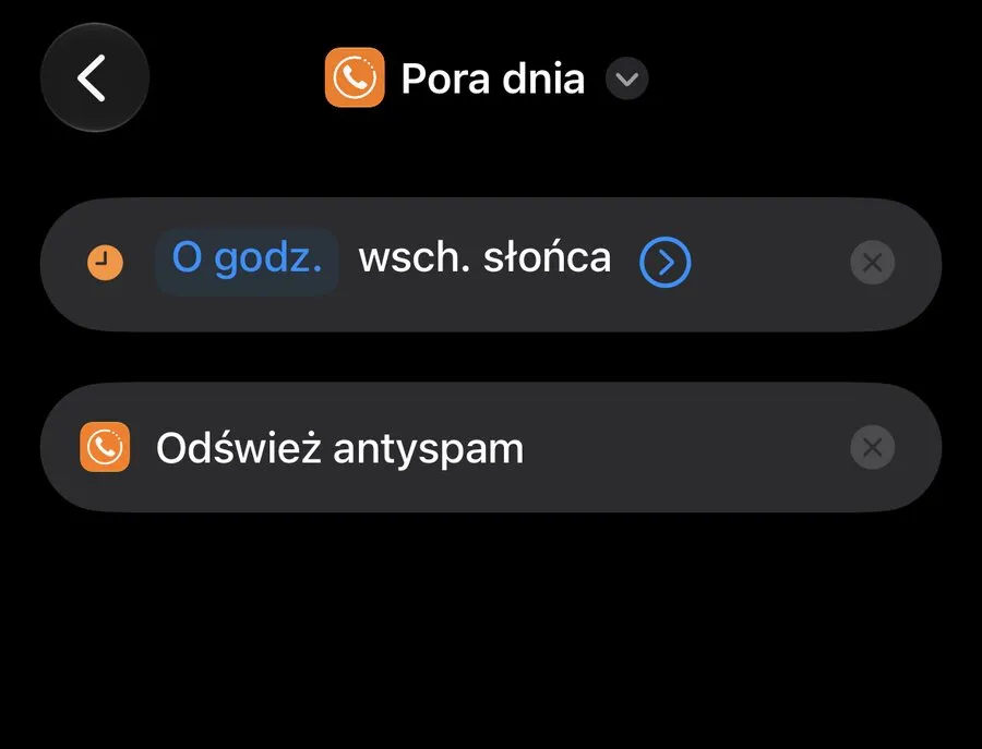 Automatyzacja w Skrótach iOS, która o wschodzie słońca uruchamia akcję Odśwież antyspam