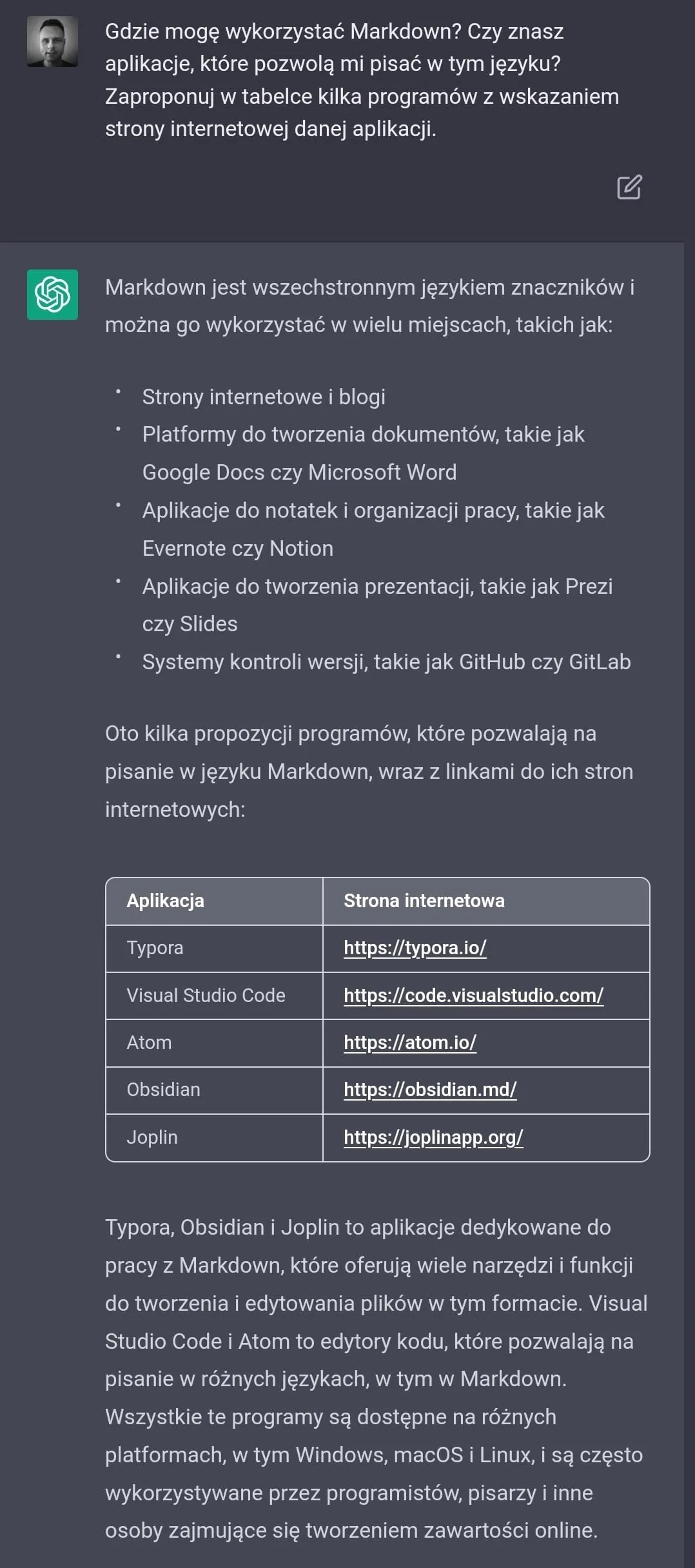 ChatGPT - przykłady aplikacji do pisania w Markdown