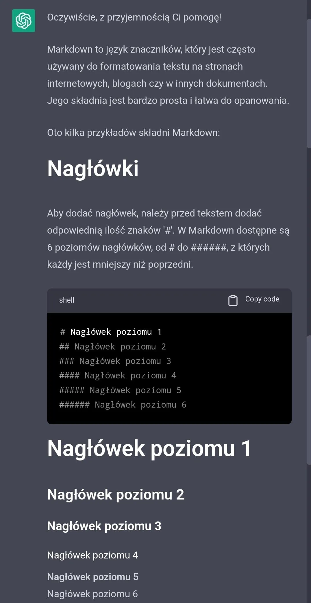 ChatGPT - Tworzenie nagłówków w Markdown