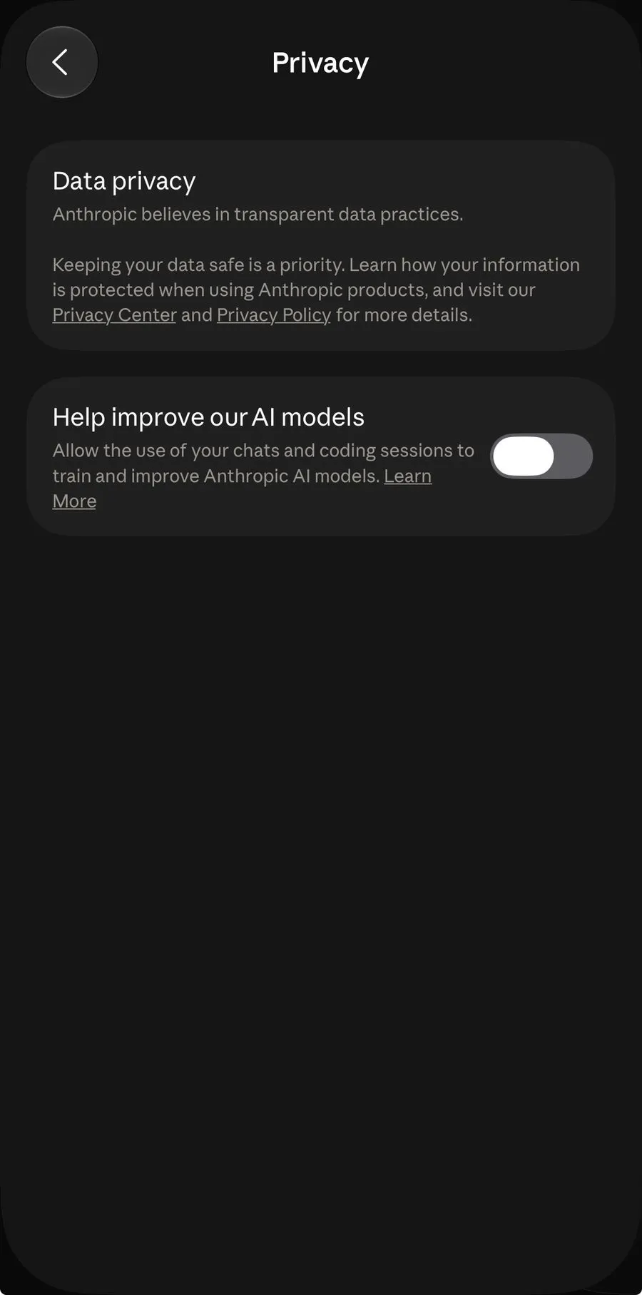 Ustawienie „Help improve our AI models” w aplikacji Claude