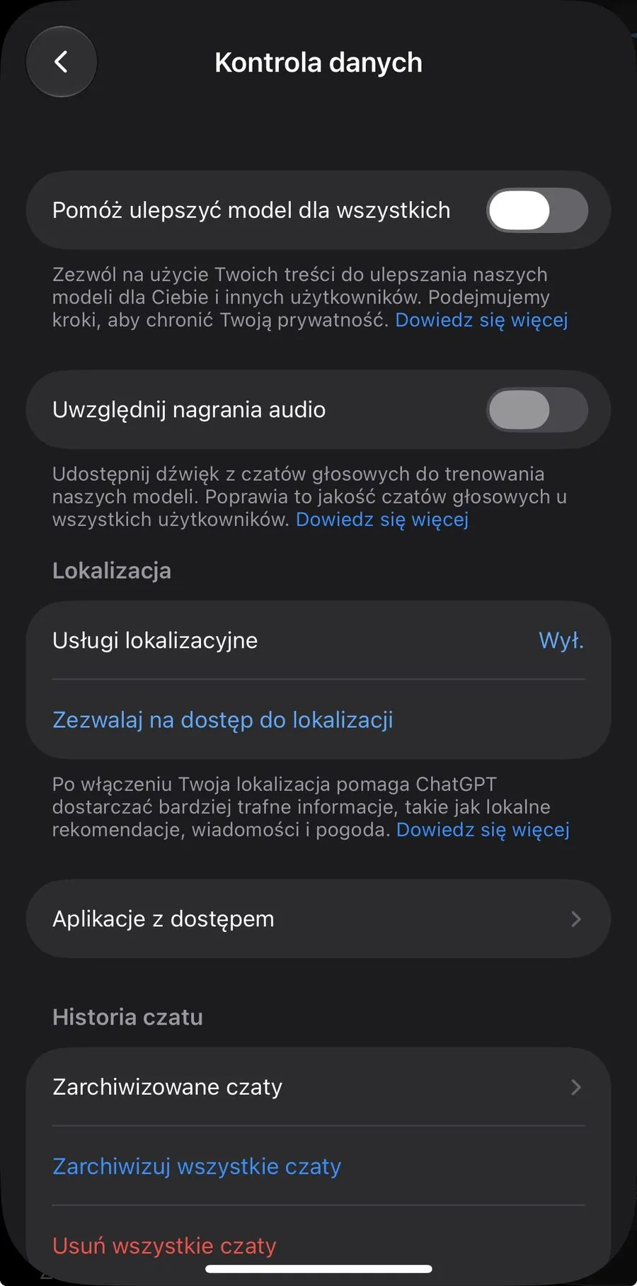 Ustawienie „Pomóż ulepszyć model dla wszystkich” w aplikacji ChatGPT