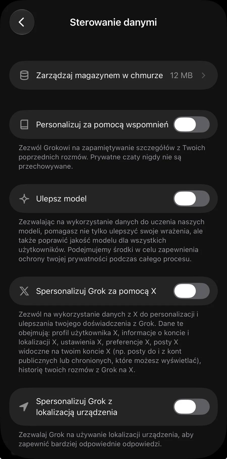 Ustawienie „Ulepsz model” w aplikacji Grok