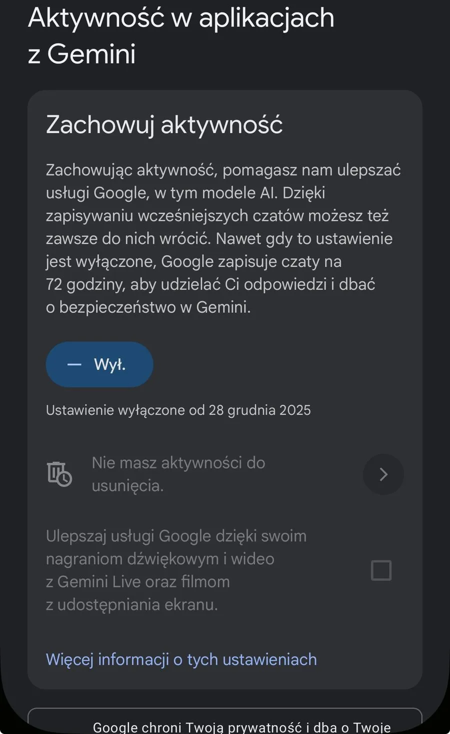 Ustawienie „Zachowuj aktywność” w aplikacji Gemini