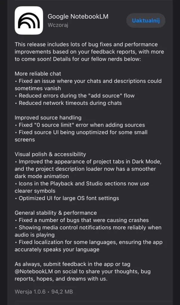 Notatki wydania Google NotebookLM 1.0.6 w App Store z listą poprawek