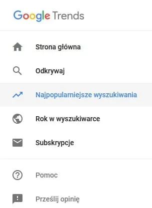 Menu Google Trends z zaznaczoną pozycją Najpopularniejsze wyszukiwania