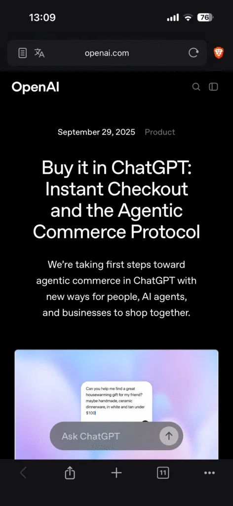 Wpis na stronie OpenAI o Instant Checkout w ChatGPT z 29 września 2025