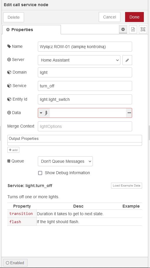 Konfiguracja call service — wyłącz