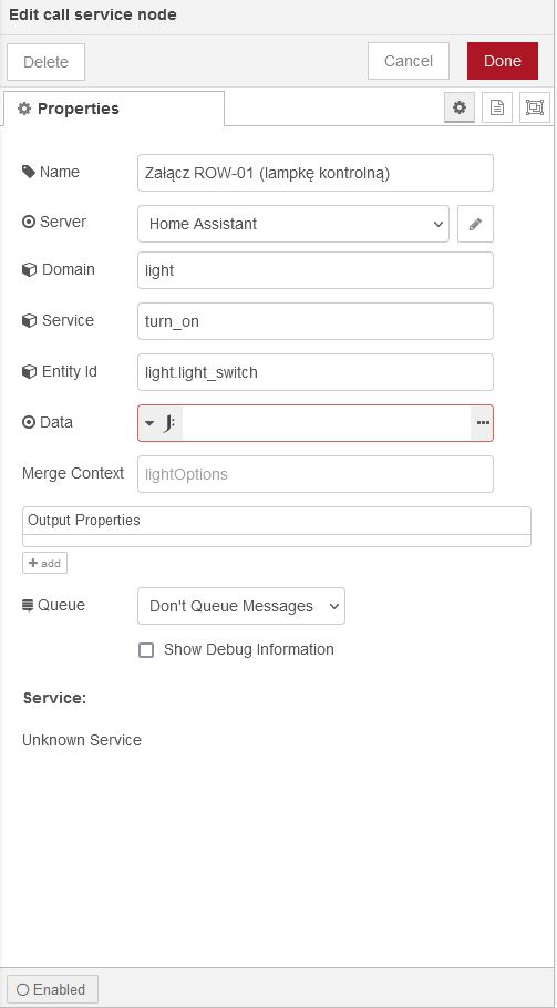 Konfiguracja call service — załącz