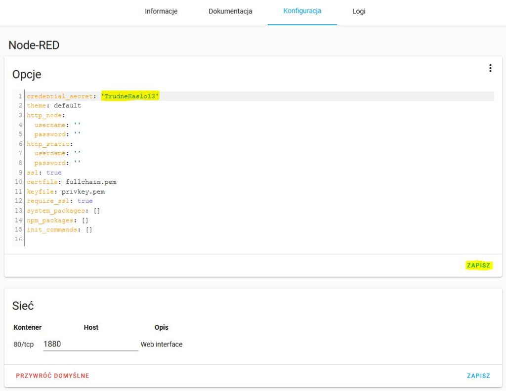 Ustalenie hasła dla Node-RED w Home Assistant