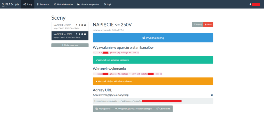Napięcie pon. 250V - Scena dla MEW-01 w Supla Scripts