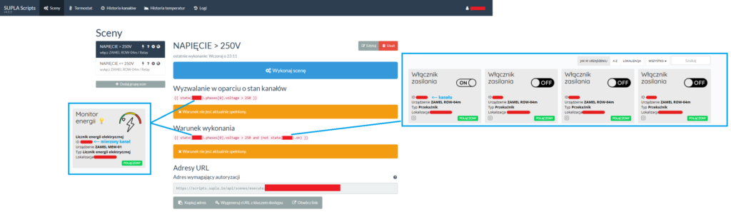 Napięcie pow. 250V - Scena dla MEW-01 w Supla Scripts